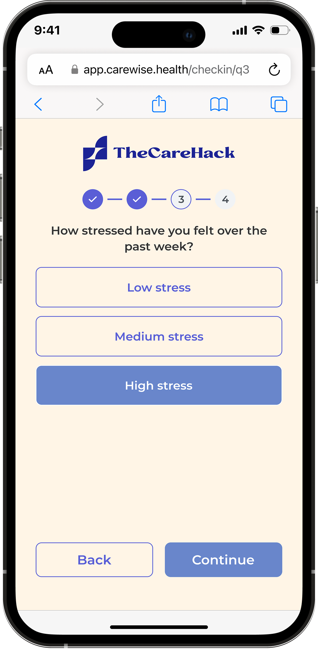 Check-in question asking how stressed the caregiver has felt over the past week