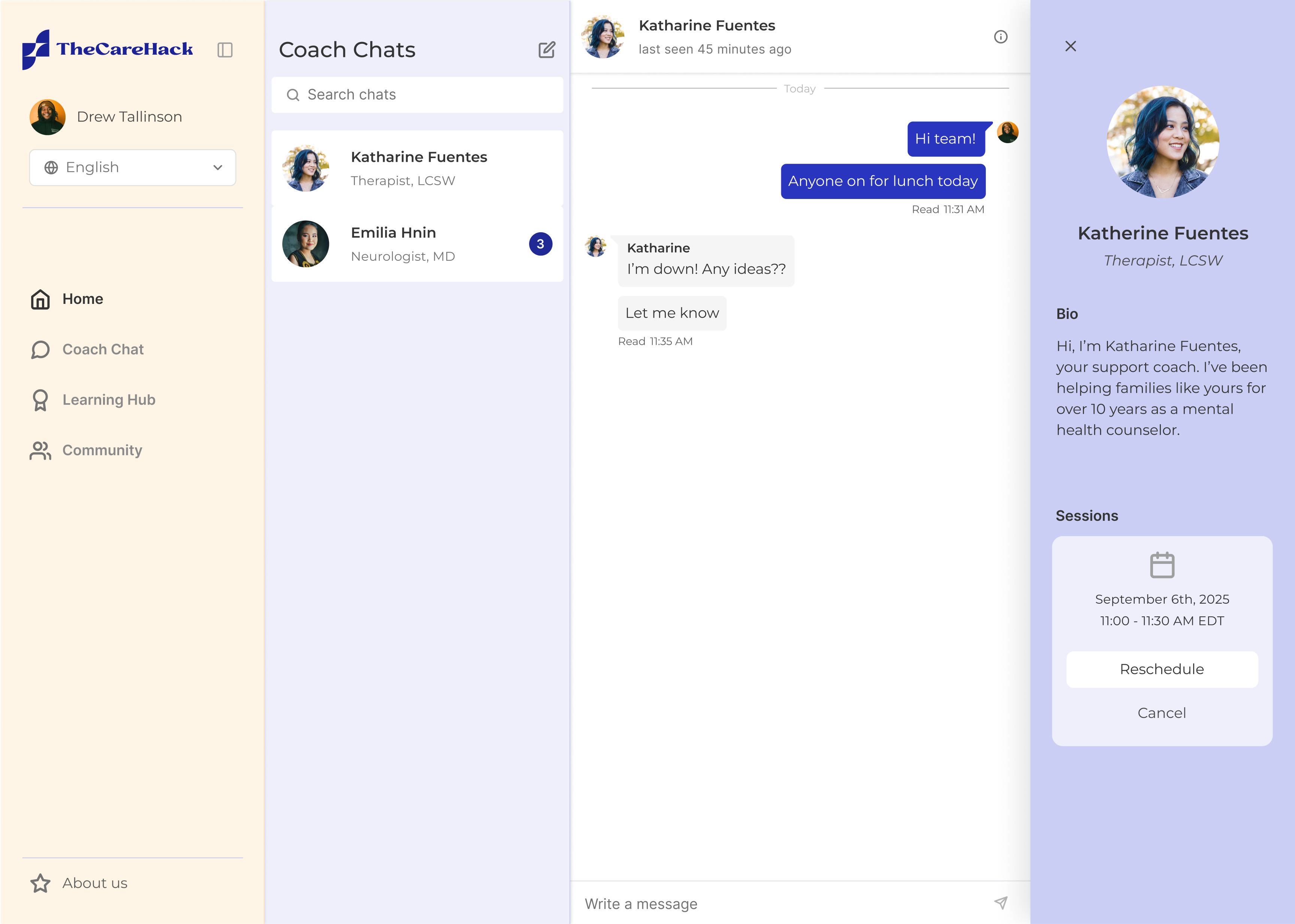 Desktop view of the coach chat with the coach's profile drawer open, showing chat list, thread, and drawer side by side