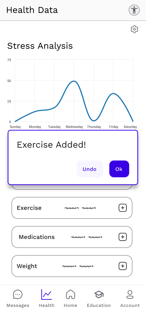 Olive Health Data screen with an ‘Exercise Added!’ confirmation toast offering Undo and Ok.