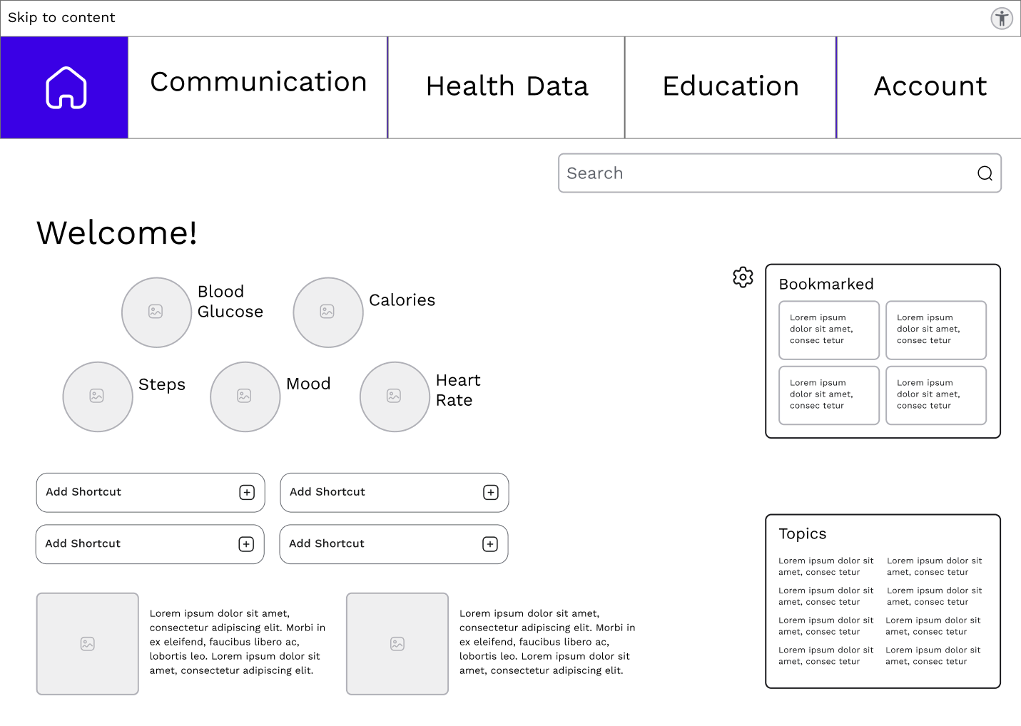 Olive desktop home screen wireframe: slim accessibility bar, top tab navigation, and customizable data bubbles.